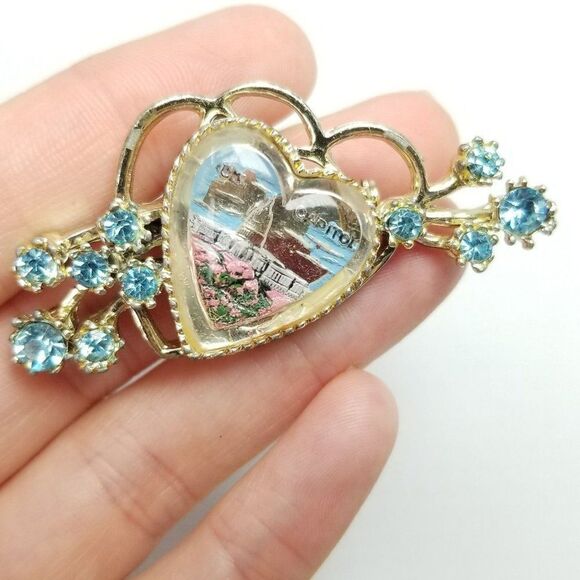Vintage Washington DC Capitol Reverse Painted Heart Shape Rhinestone Brooch - Picture 1 of 6